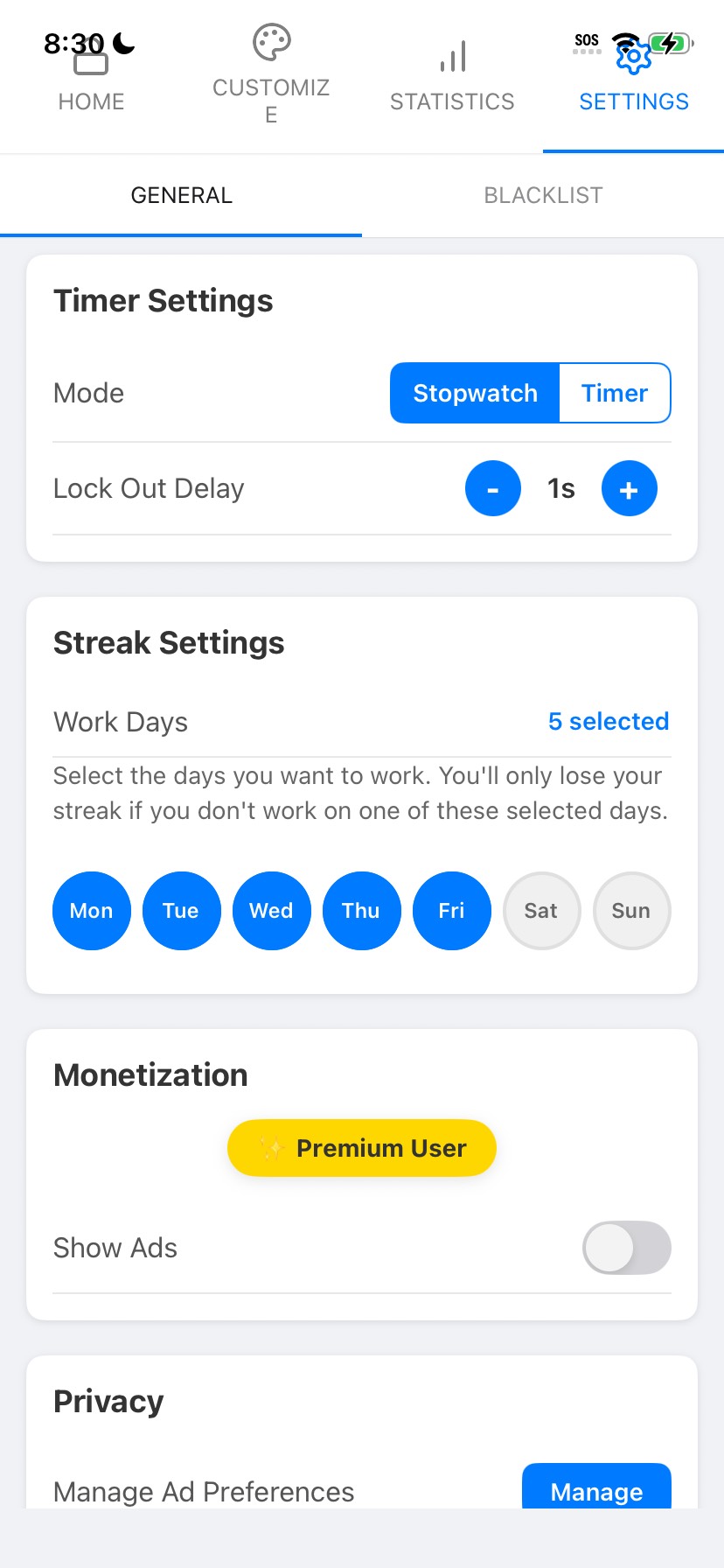 Settings and premium features